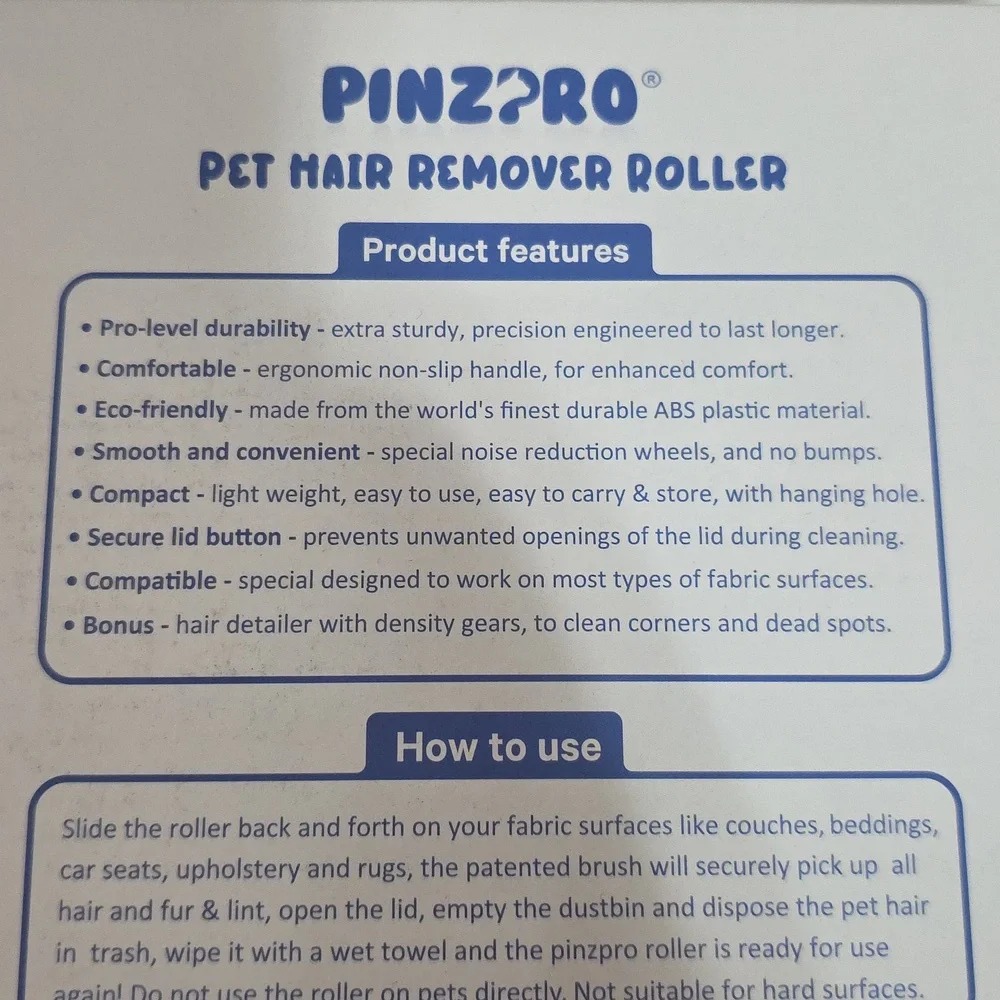 PinzPro Pet Hair Remover Roller & Detailer Tool Set - Blue/Black
